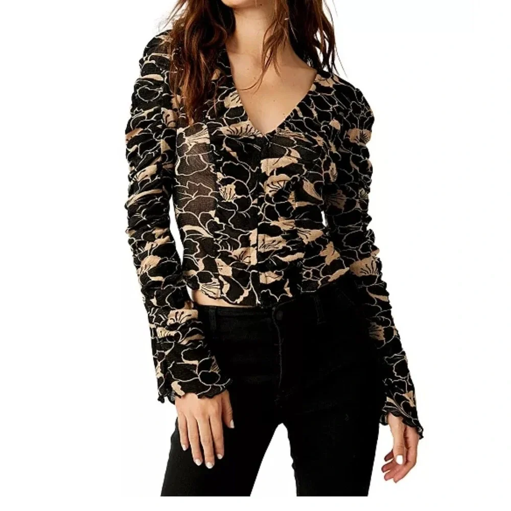 Free People Through The Meadow Top XS Black Gold Floral Ruched Sleeve Blouse